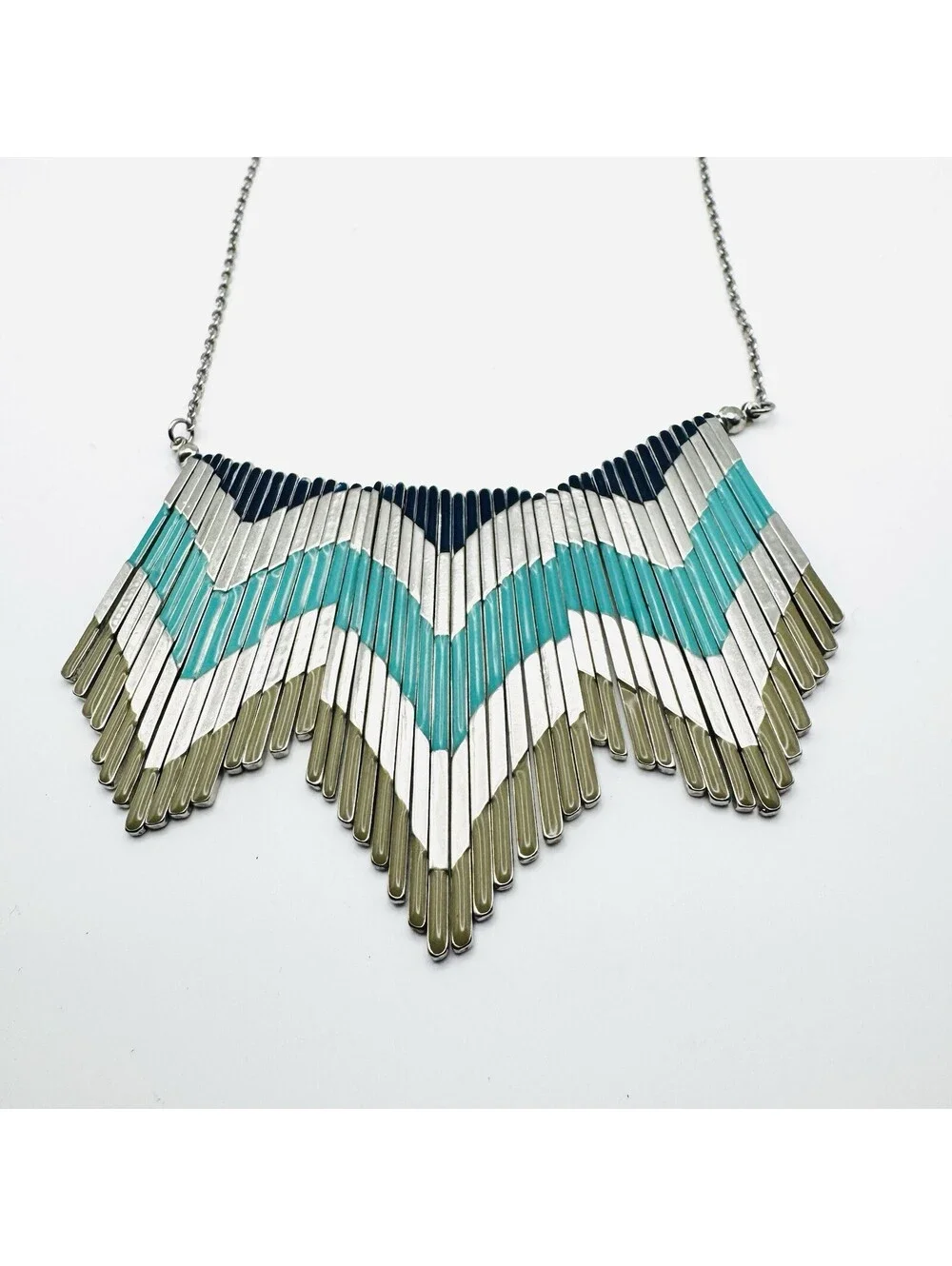 Retro Boho/Tribal Statement Necklace, Metal Fringe, Silver Tone